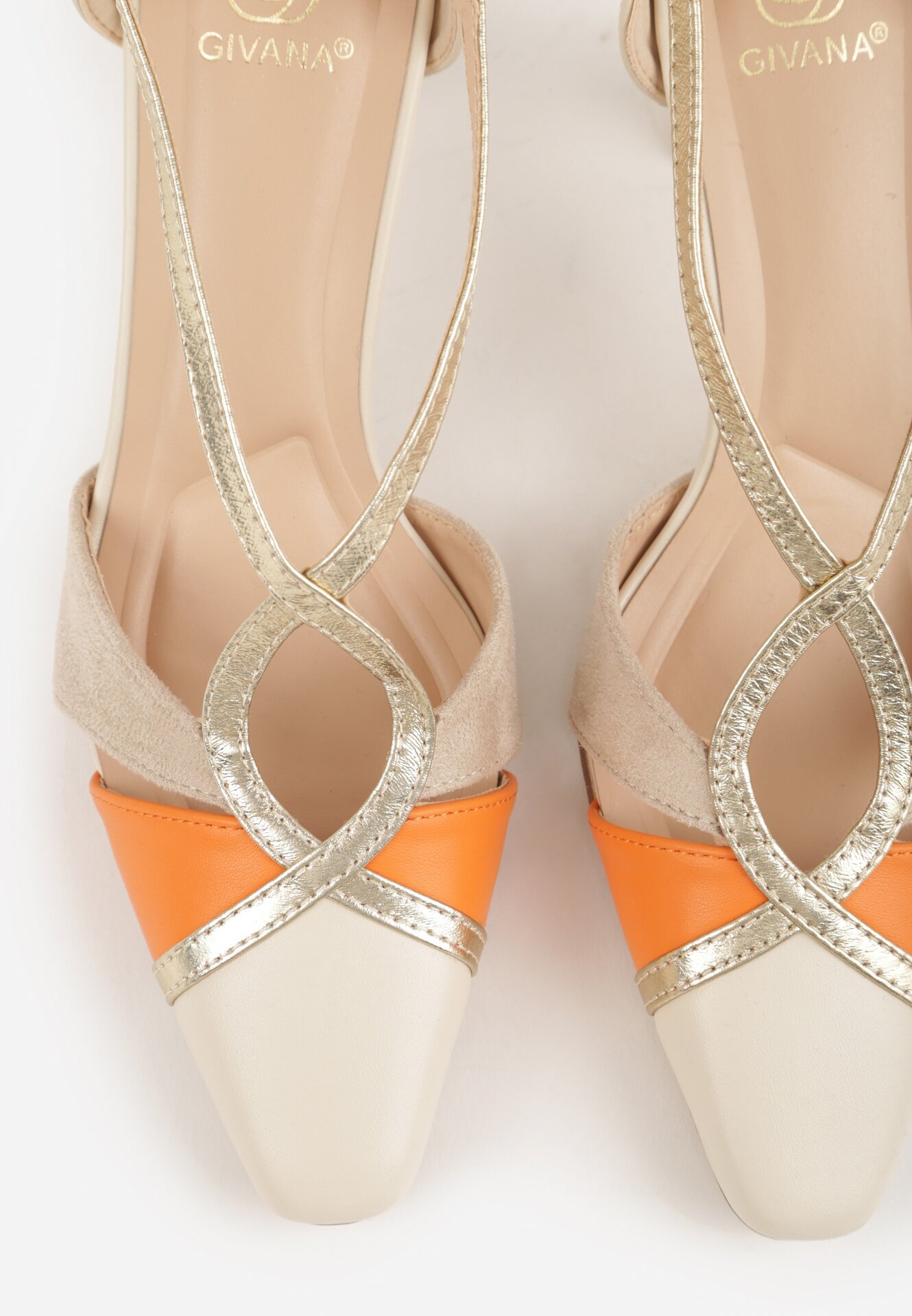 Beżowe Czółenka na Stożkowym Obcasie z Metalicznymi Paskami Iphophi