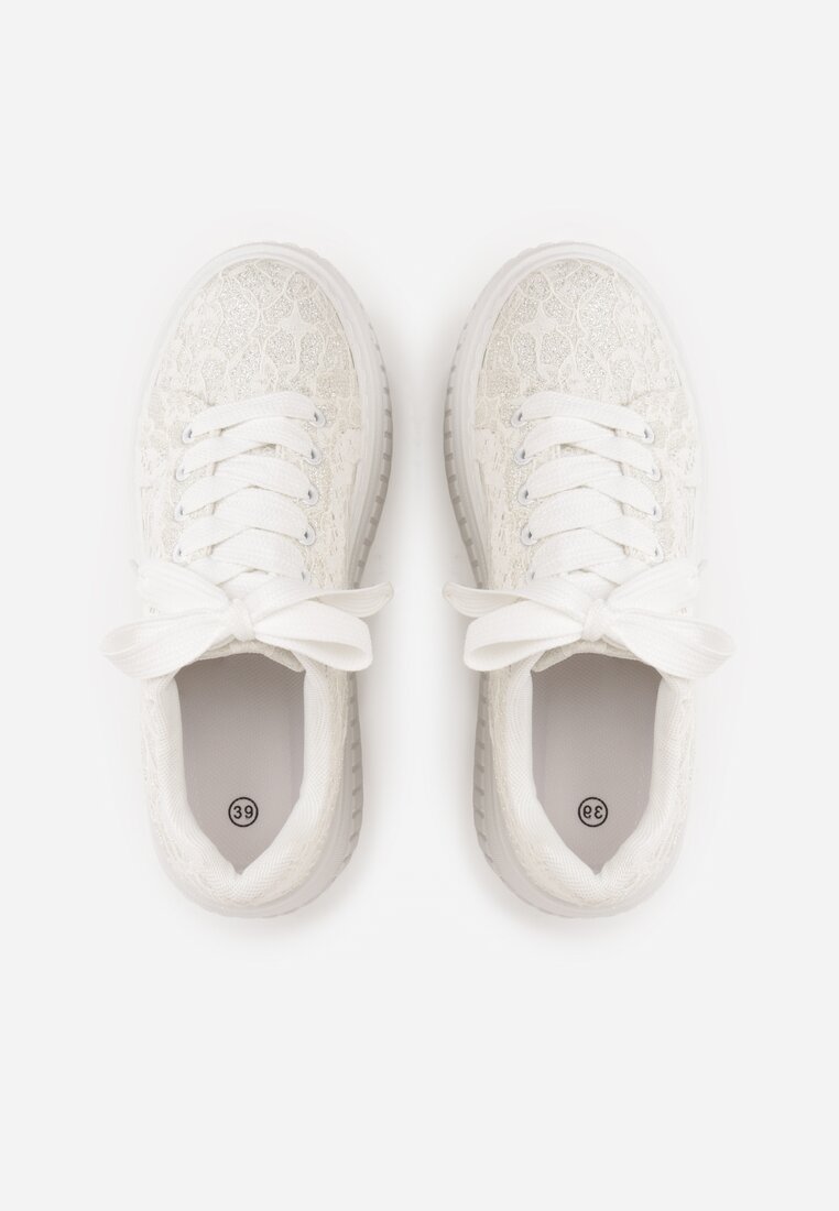 Białe Sneakersy na Grubej Tłoczonej Platformie Ozdobione Brokatem i Koronką Zellysh