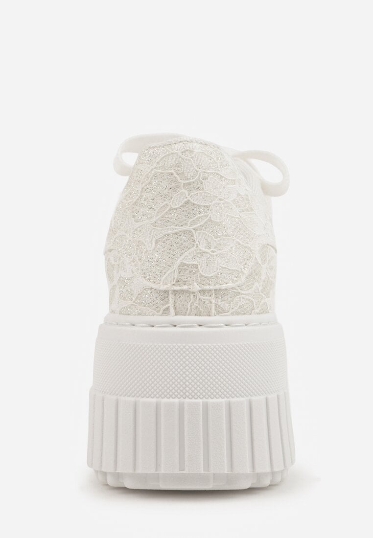 Białe Sneakersy na Grubej Tłoczonej Platformie Ozdobione Brokatem i Koronką Zellysh