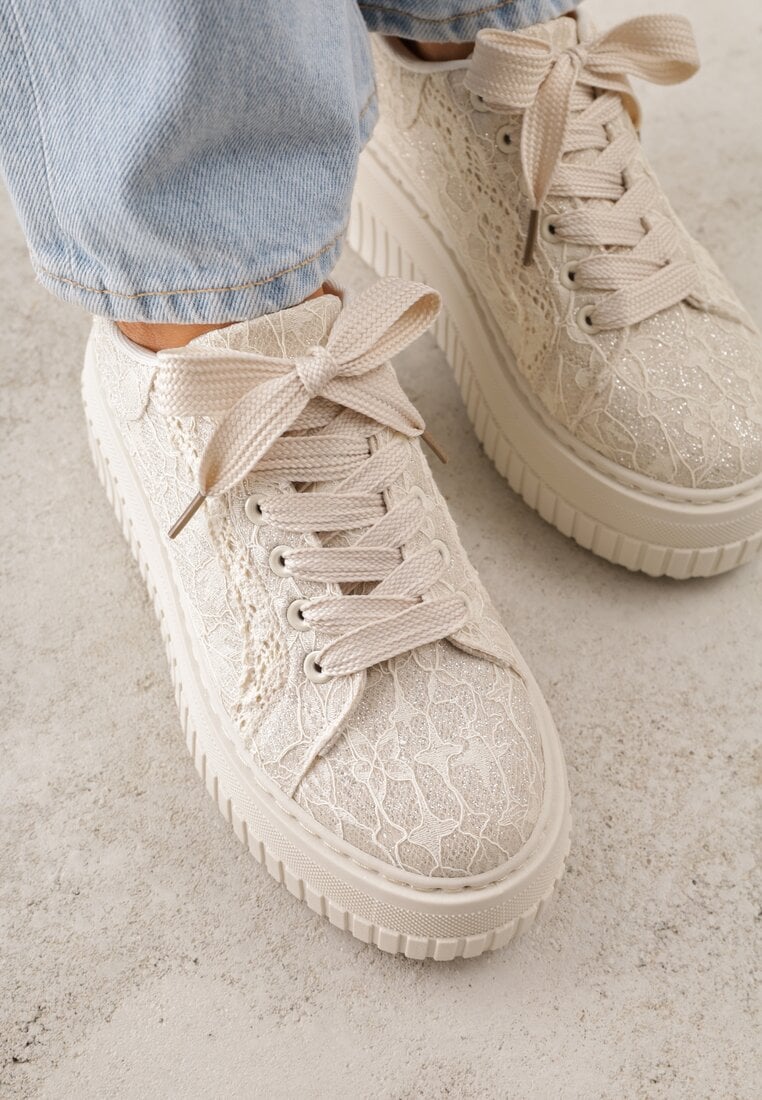 Beżowe Sneakersy na Grubej Tłoczonej Platformie Ozdobione Brokatem i Koronką Zellysh