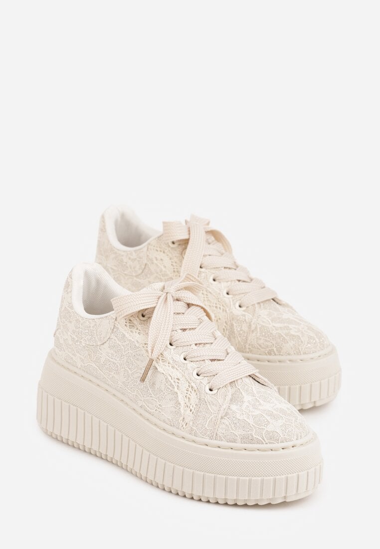 Beżowe Sneakersy na Grubej Tłoczonej Platformie Ozdobione Brokatem i Koronką Zellysh