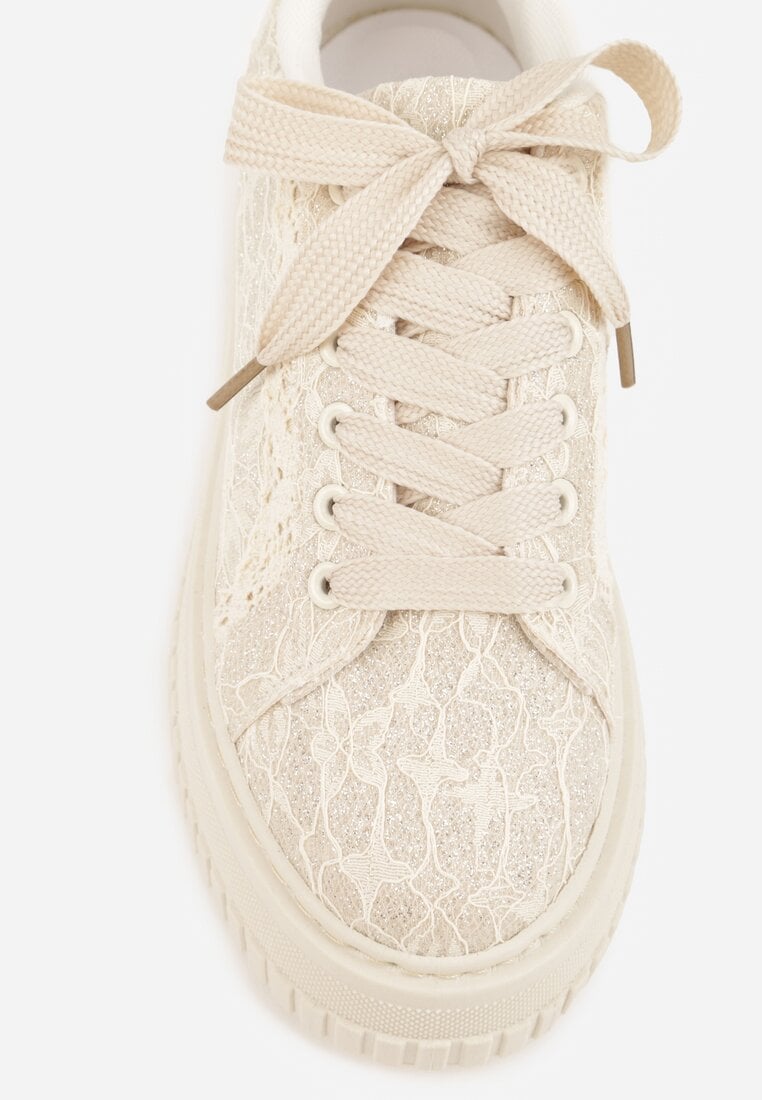 Beżowe Sneakersy na Grubej Tłoczonej Platformie Ozdobione Brokatem i Koronką Zellysh