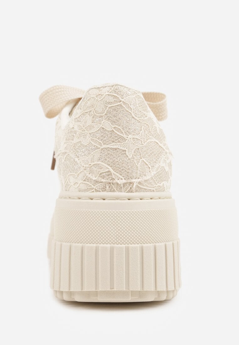 Beżowe Sneakersy na Grubej Tłoczonej Platformie Ozdobione Brokatem i Koronką Zellysh
