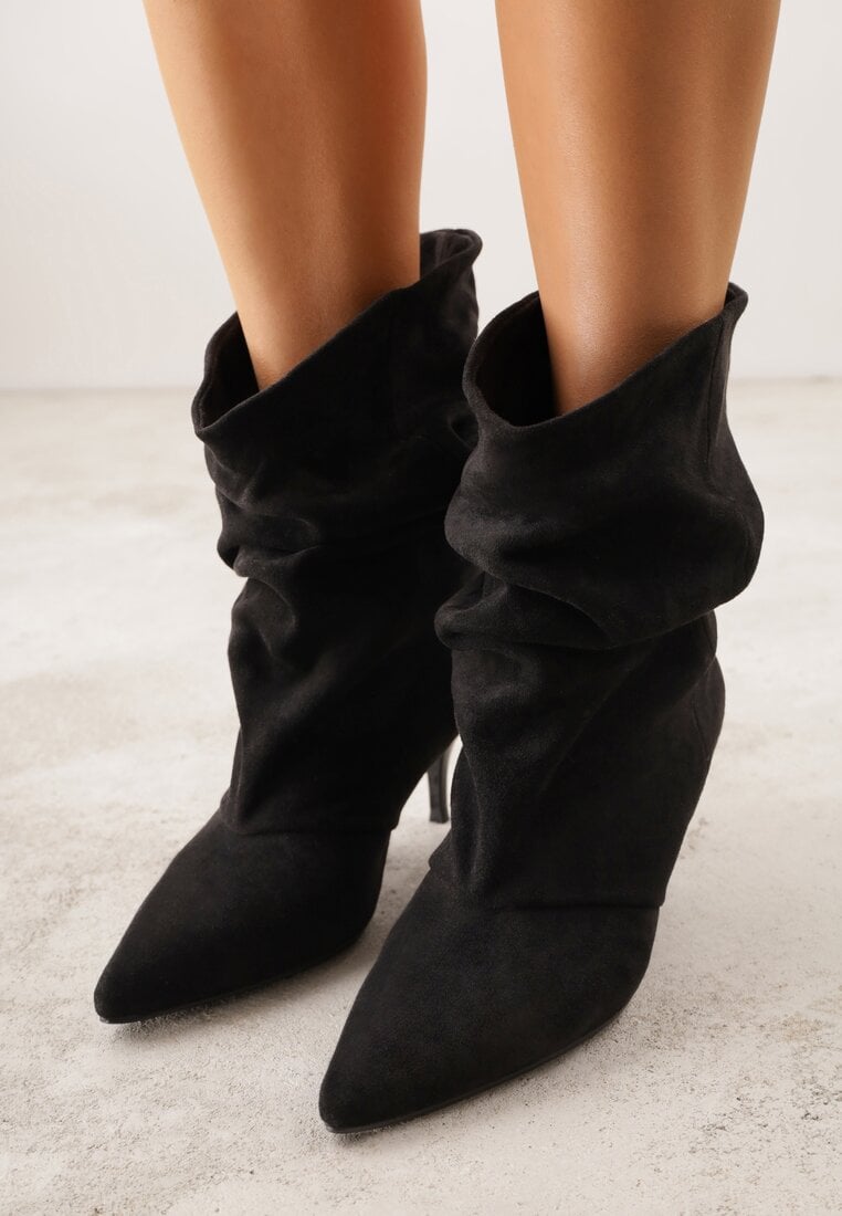 Czarne Botki na Szpilce z Marszczoną Cholewką Hailenia