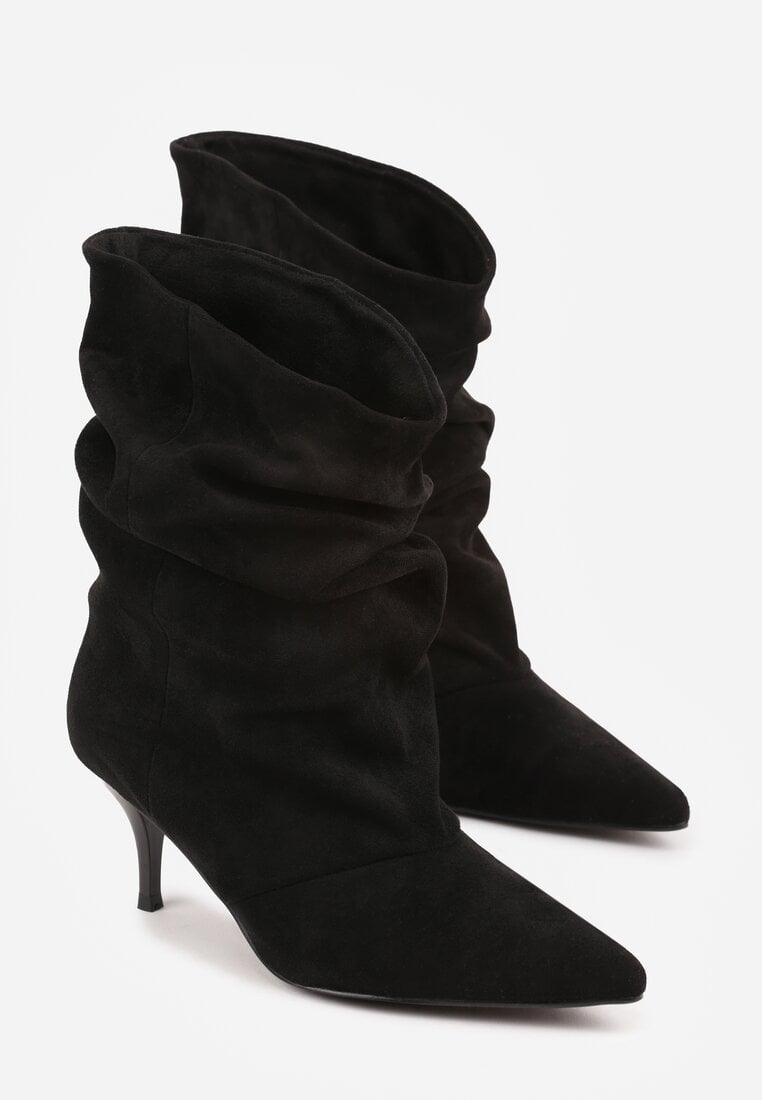 Czarne Botki na Szpilce z Marszczoną Cholewką Hailenia