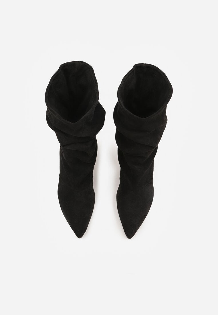 Czarne Botki na Szpilce z Marszczoną Cholewką Hailenia
