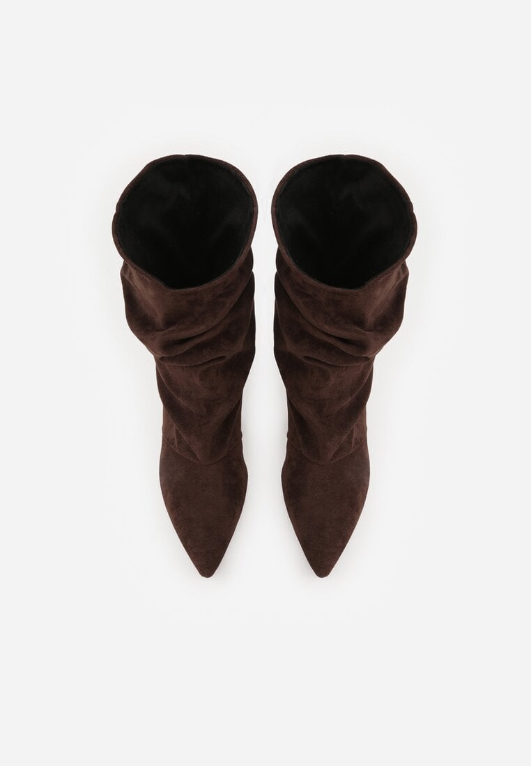 Brązowe Botki na Szpilce z Marszczoną Cholewką Hailenia