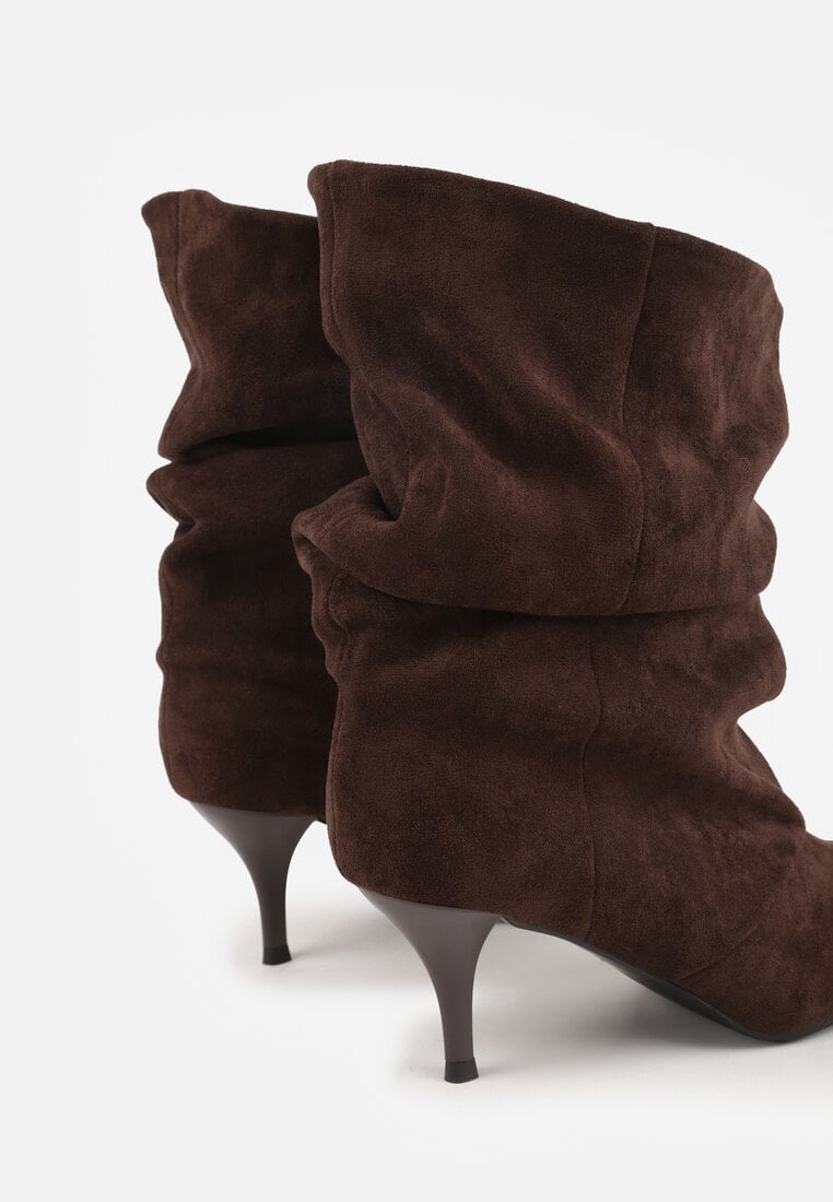 Brązowe Botki na Szpilce z Marszczoną Cholewką Hailenia