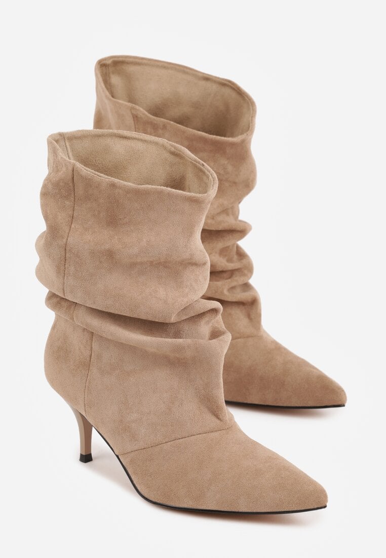 Ciemnobeżowe Botki na Szpilce z Marszczoną Cholewką Hailenia