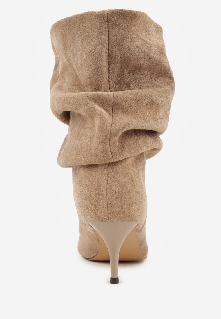 Ciemnobeżowe Botki na Szpilce z Marszczoną Cholewką Hailenia