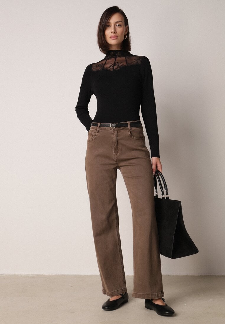 Czarny Dopasowany Sweter z Półgolfem z Wiskozą Zdobiony Koronkową Siateczką Genna