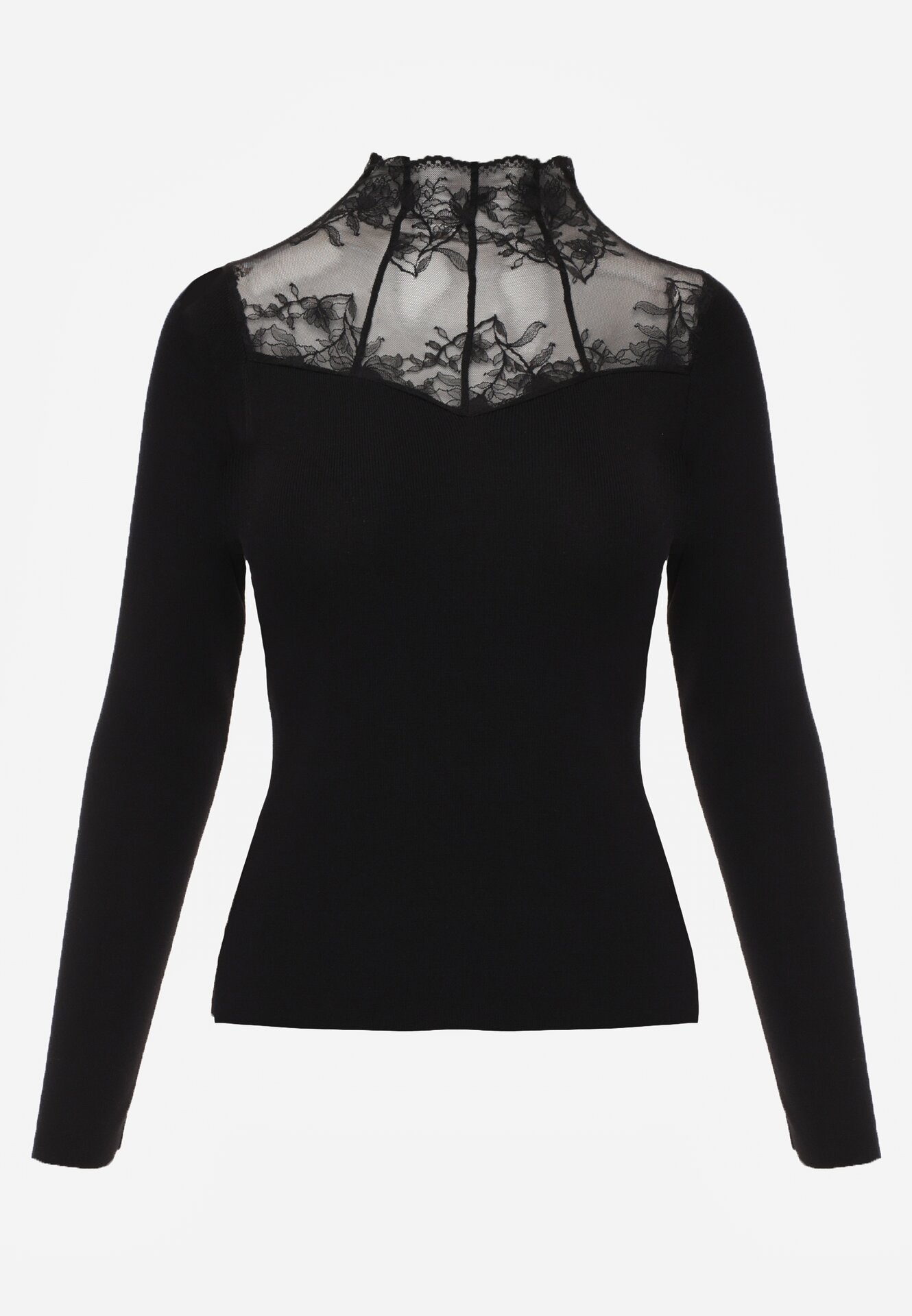 Czarny Dopasowany Sweter z Półgolfem z Wiskozą Zdobiony Koronkową Siateczką Genna