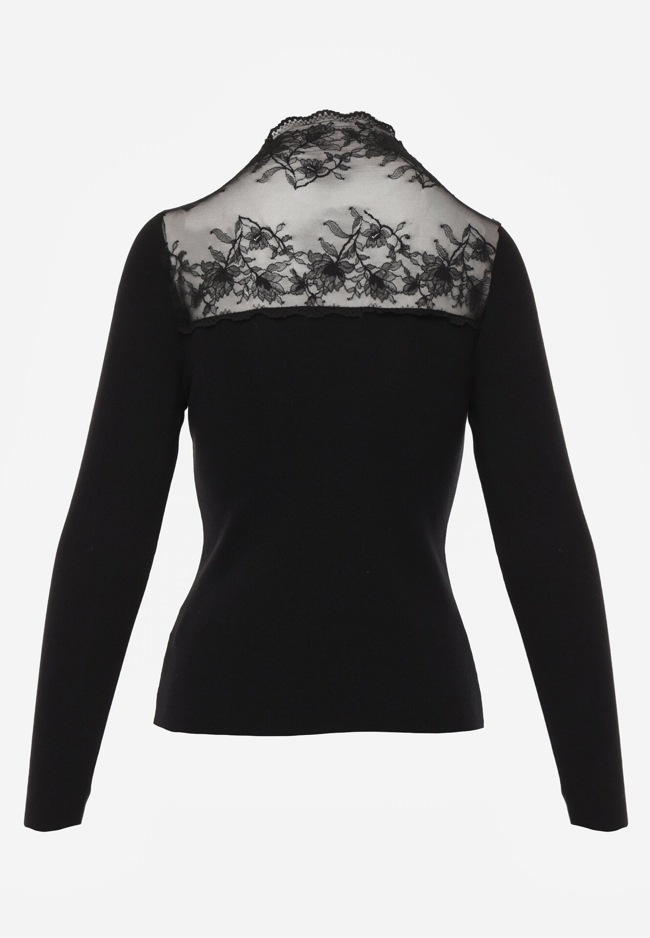 Czarny Dopasowany Sweter z Półgolfem z Wiskozą Zdobiony Koronkową Siateczką Genna