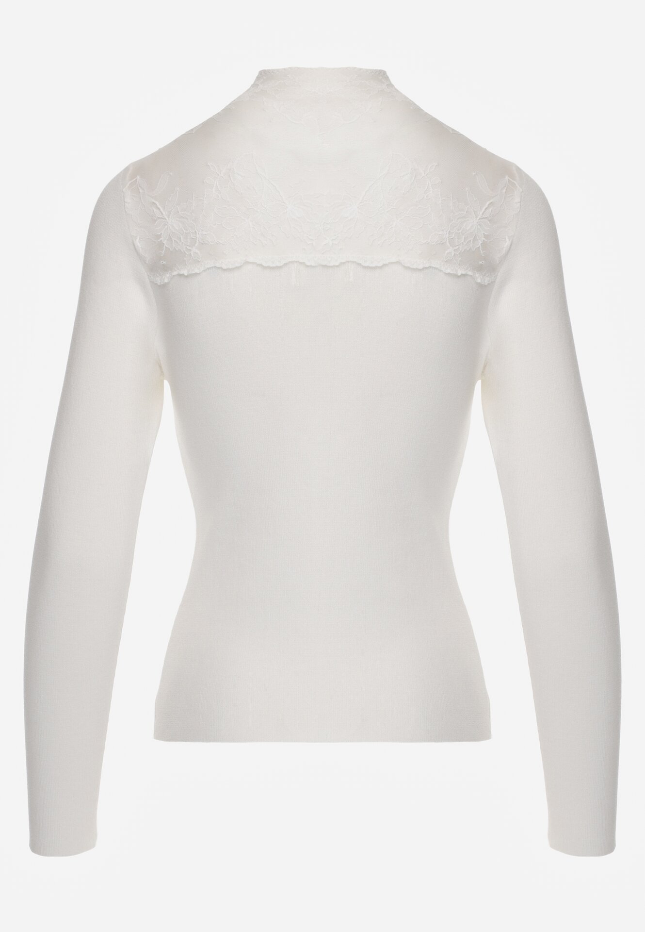Biały Dopasowany Sweter z Półgolfem z Wiskozą Zdobiony Koronkową Siateczką Genna