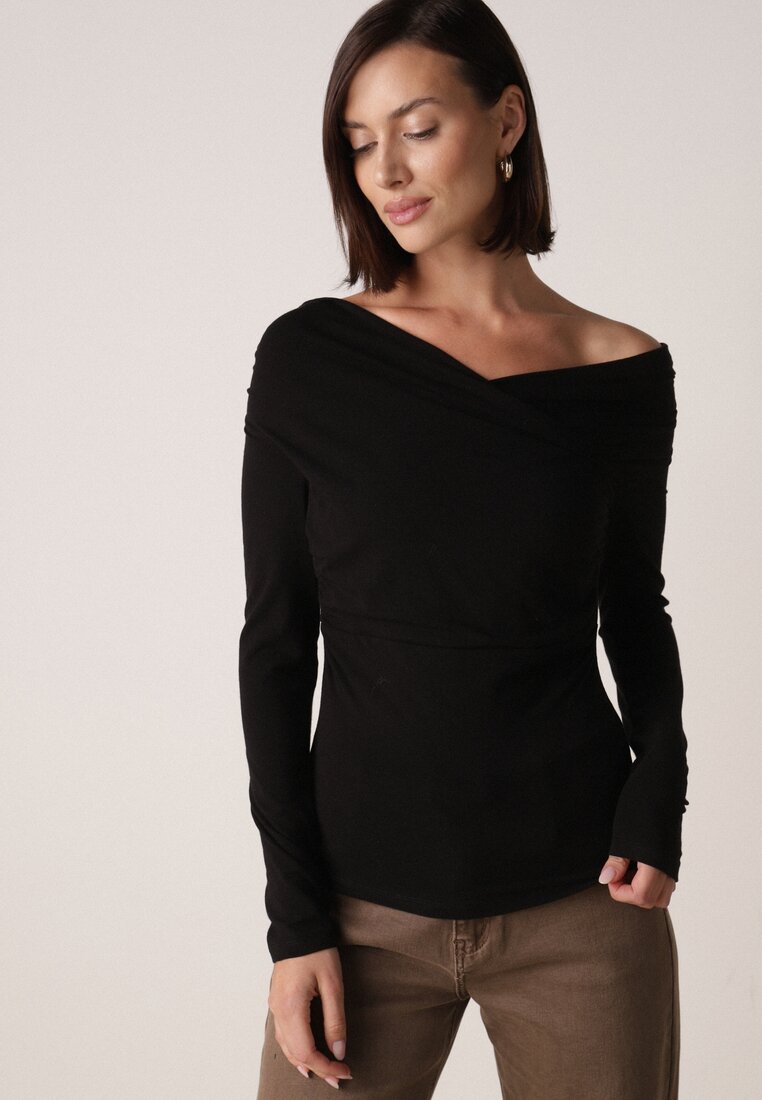 Czarna Bluzka z Bawełną Dekoltem Typu Łódka i Marszczeniem  Typhatos
