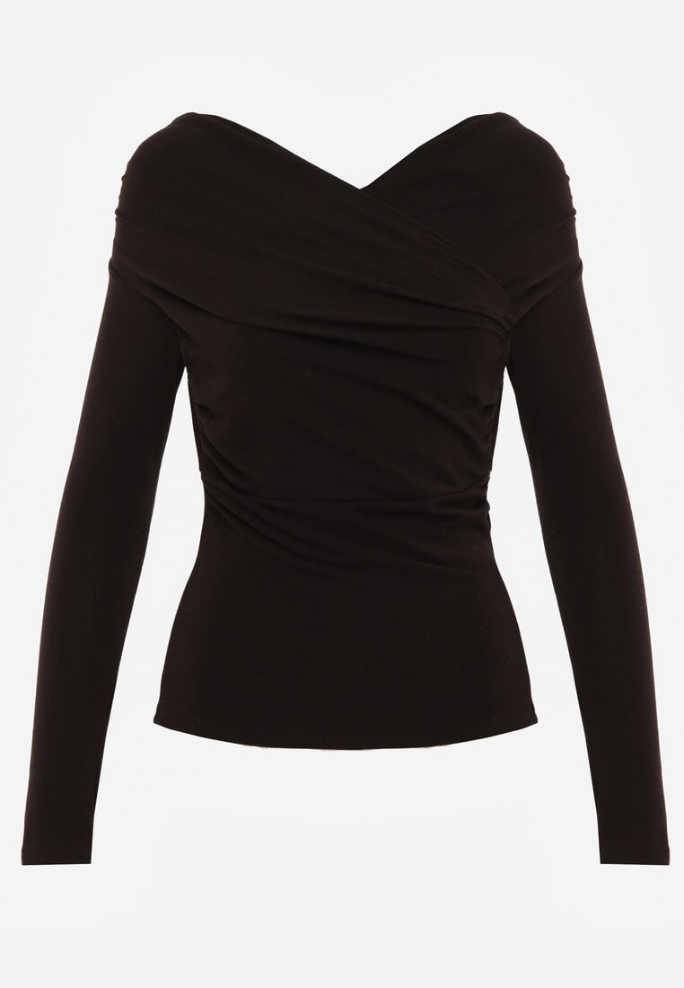 Czarna Bluzka z Bawełną Dekoltem Typu Łódka i Marszczeniem  Typhatos