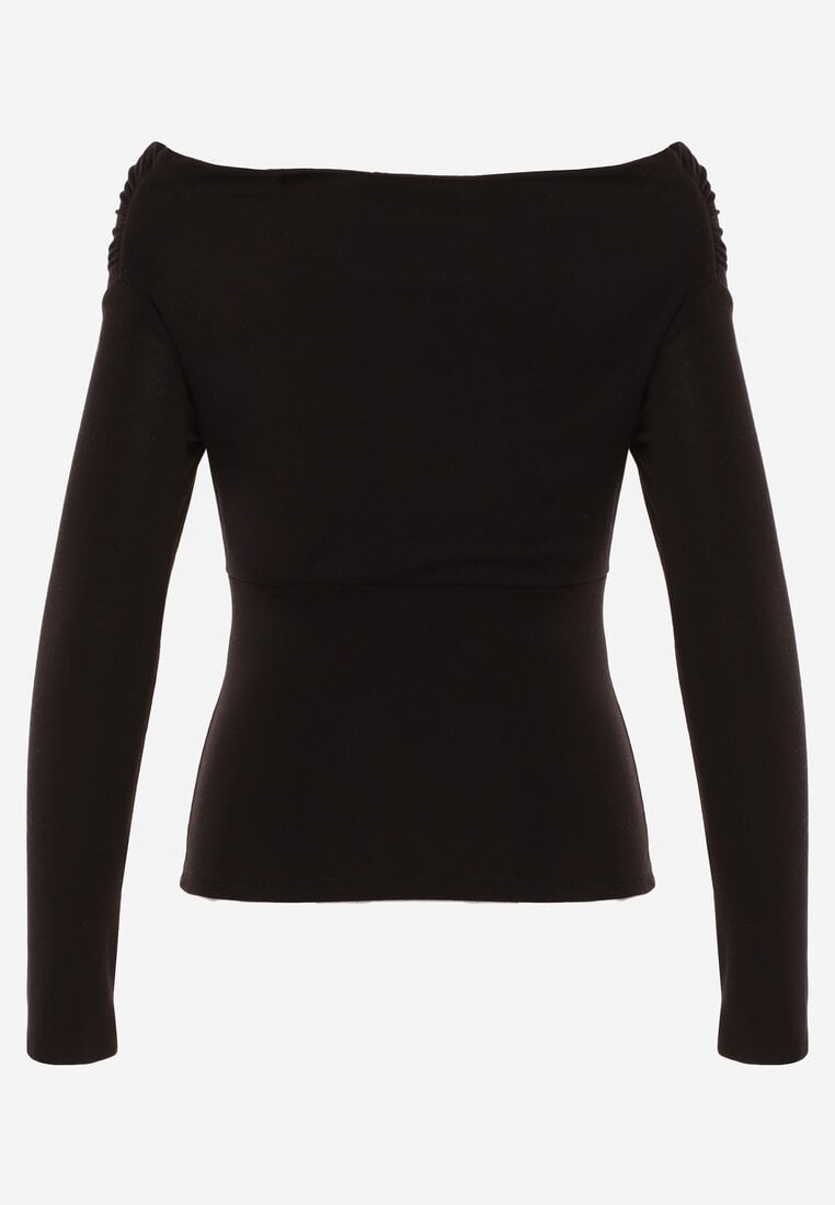 Czarna Bluzka z Bawełną Dekoltem Typu Łódka i Marszczeniem  Typhatos