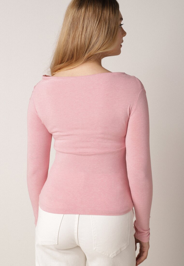 Różowa Bluzka z Bawełną Dekoltem Typu Łódka i Marszczeniem  Typhatos