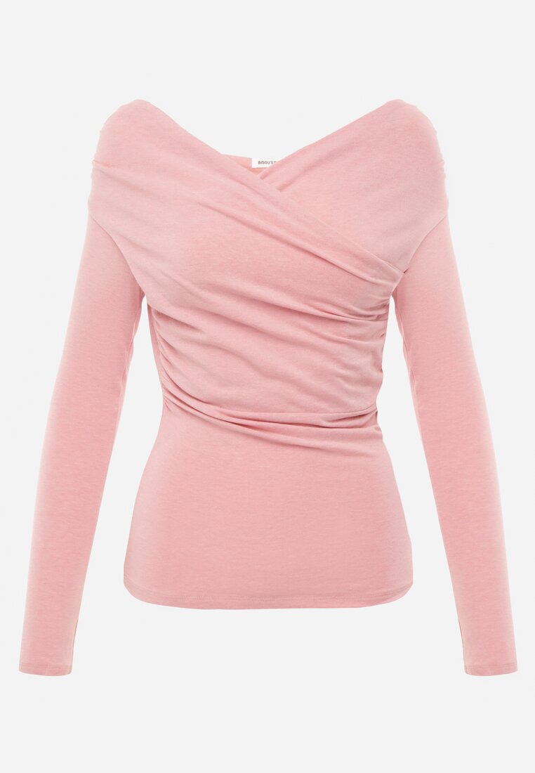 Różowa Bluzka z Bawełną Dekoltem Typu Łódka i Marszczeniem  Typhatos