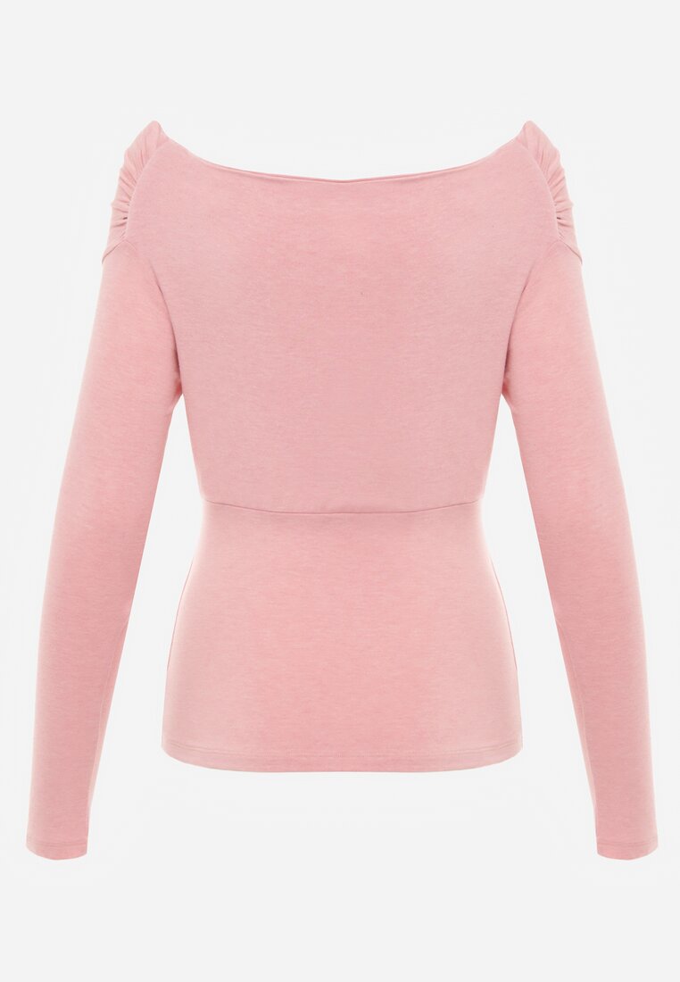 Różowa Bluzka z Bawełną Dekoltem Typu Łódka i Marszczeniem  Typhatos