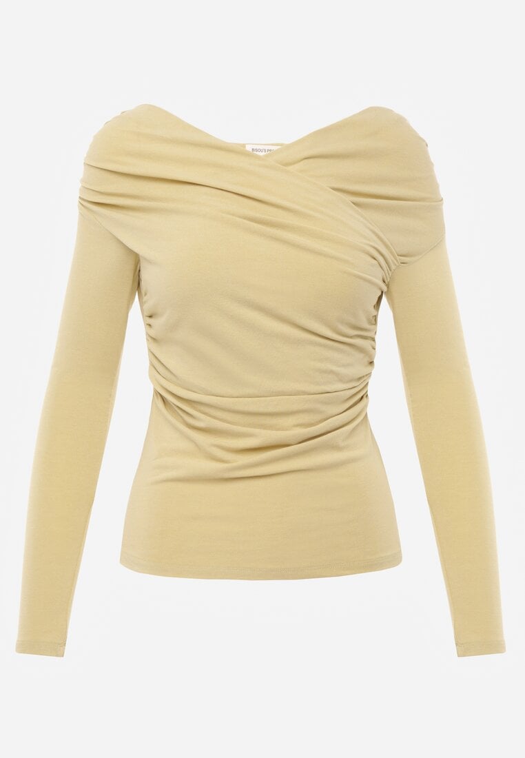 Zielona Bluzka z Bawełną Dekoltem Typu Łódka i Marszczeniem  Typhatos