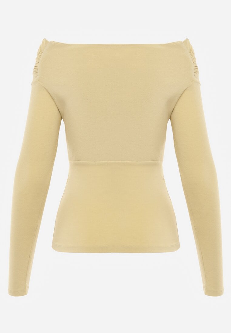 Zielona Bluzka z Bawełną Dekoltem Typu Łódka i Marszczeniem  Typhatos