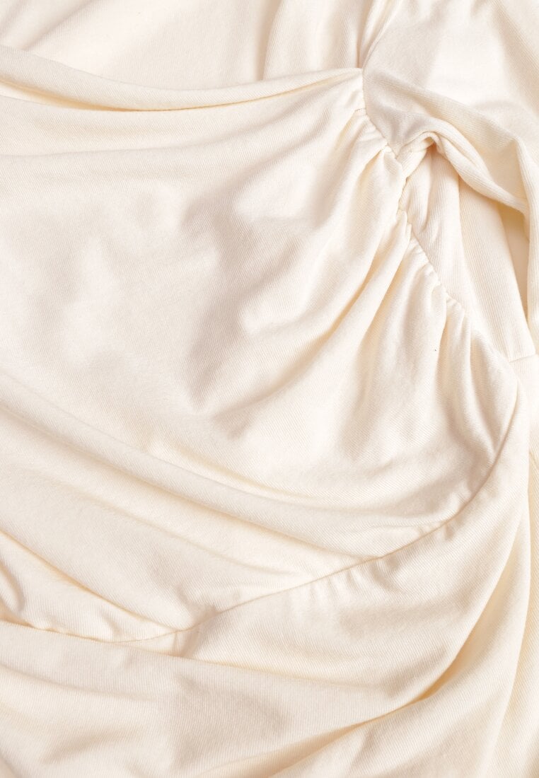 Beżowy Bluzka z Bawełną Dekoltem Typu Łódka i Marszczeniem  Typhatos