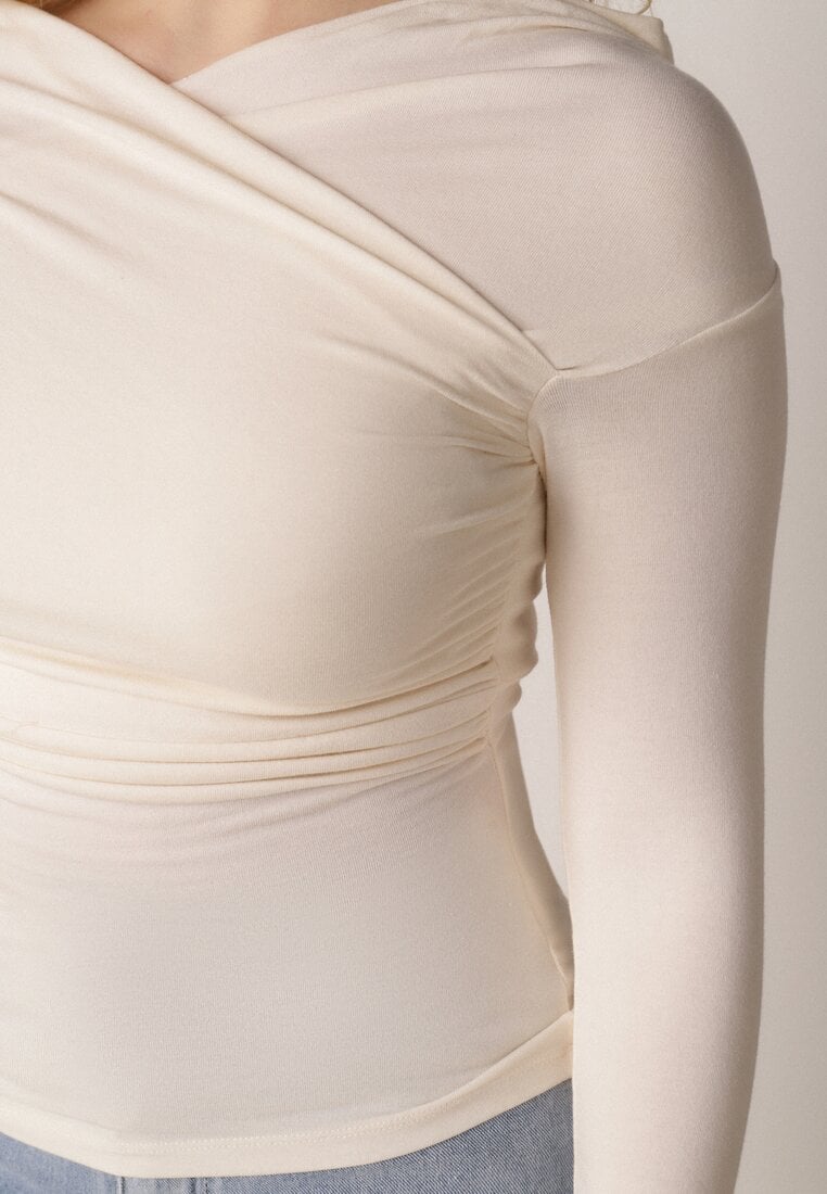 Beżowy Bluzka z Bawełną Dekoltem Typu Łódka i Marszczeniem  Typhatos