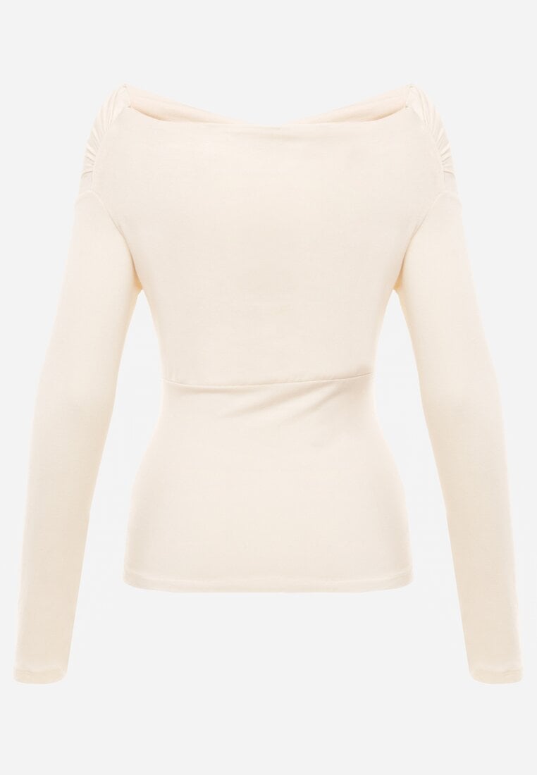 Beżowy Bluzka z Bawełną Dekoltem Typu Łódka i Marszczeniem  Typhatos