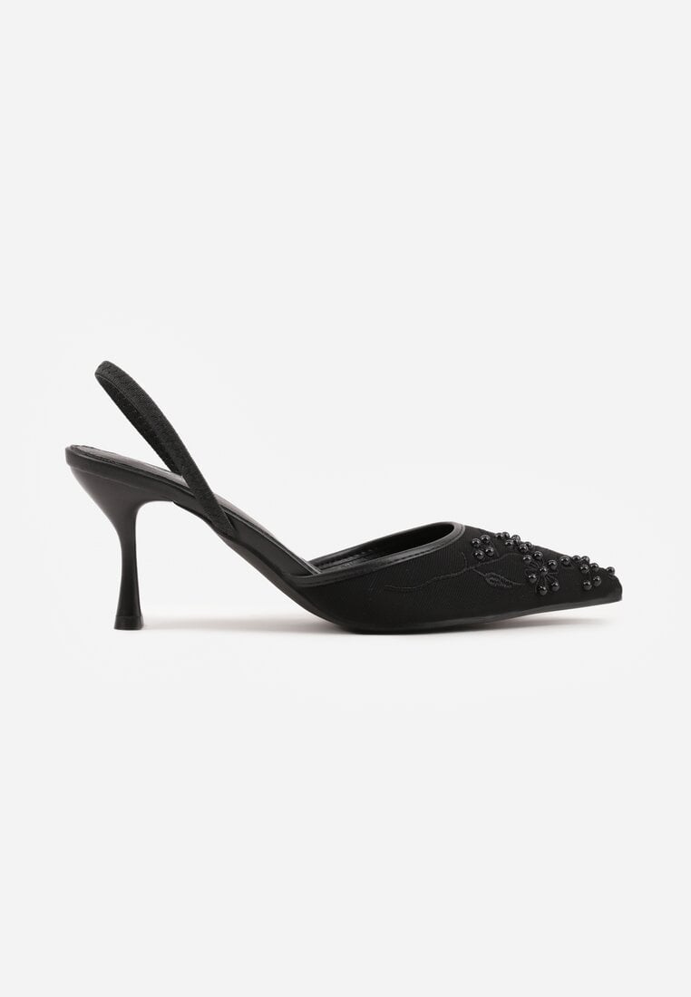 Czarne Sandały na Szpilce Ozdobione Koralikami i Haftem Iphorise