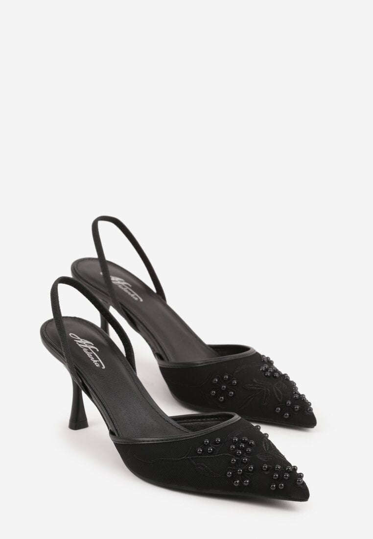 Czarne Sandały na Szpilce Ozdobione Koralikami i Haftem Iphorise