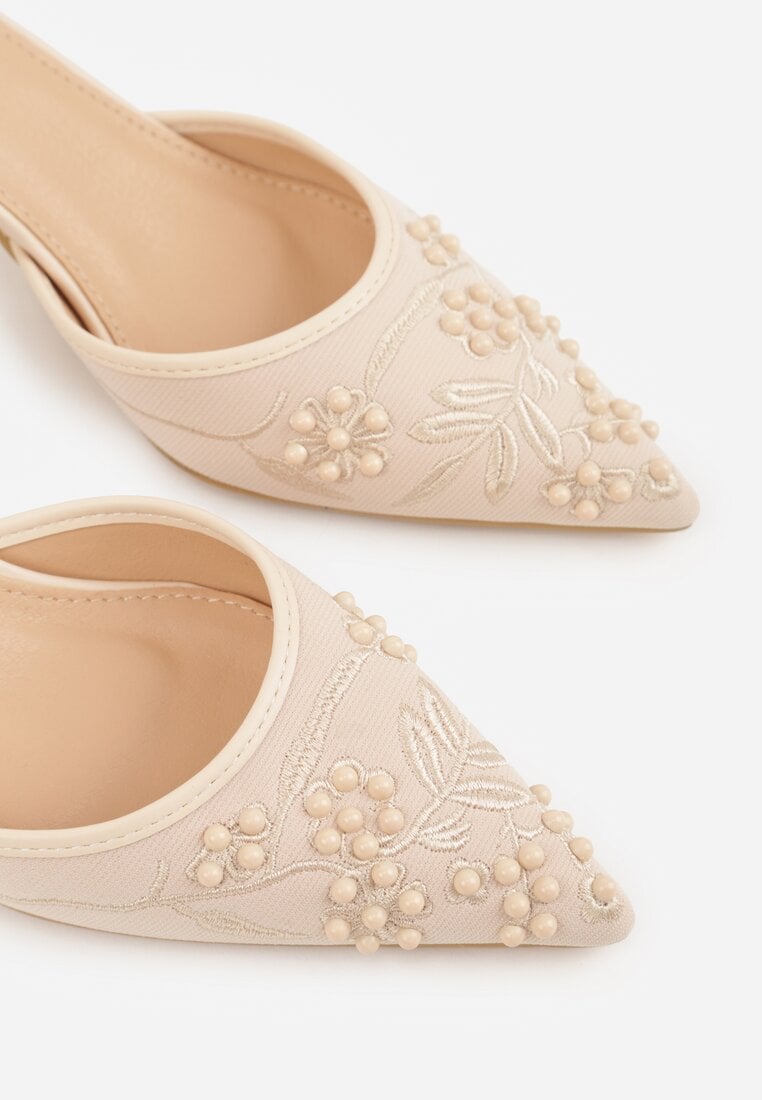 Beżowe Sandały na Szpilce Ozdobione Koralikami i Haftem Iphorise