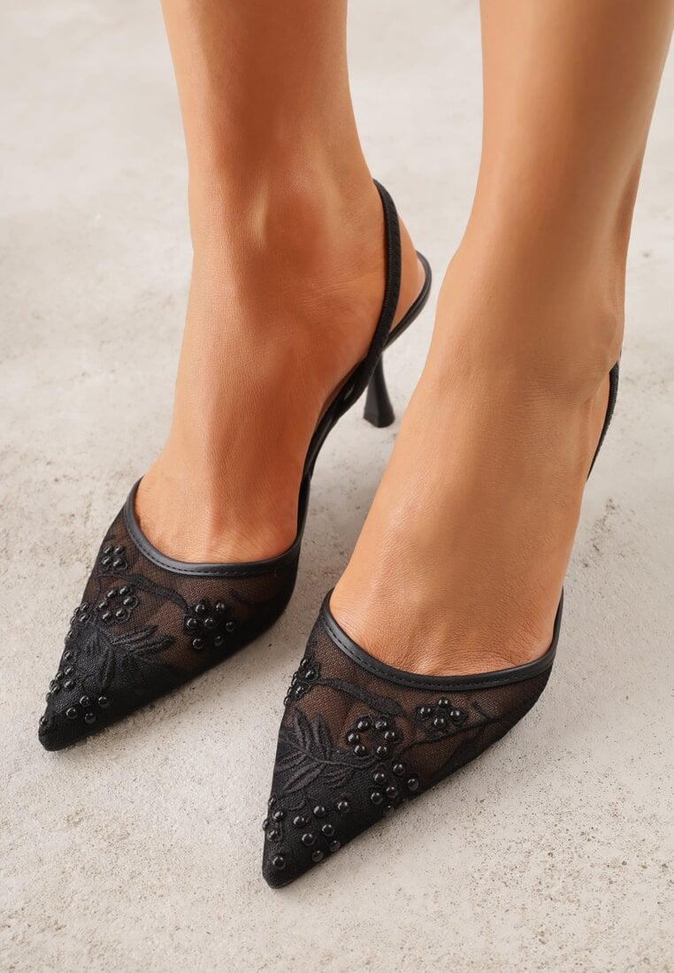 Czarne Sandały na Szpilce z Koronką Caskstar