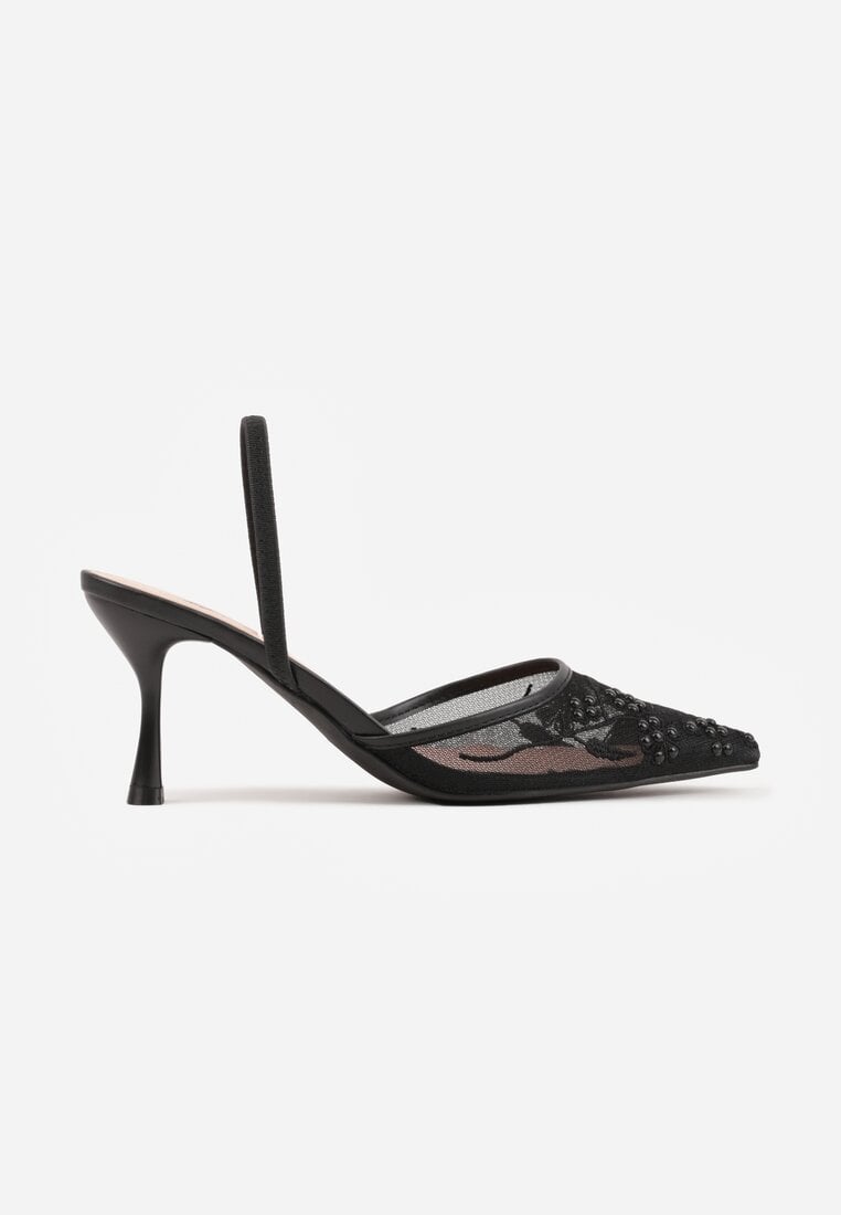 Czarne Sandały na Szpilce z Koronką Caskstar