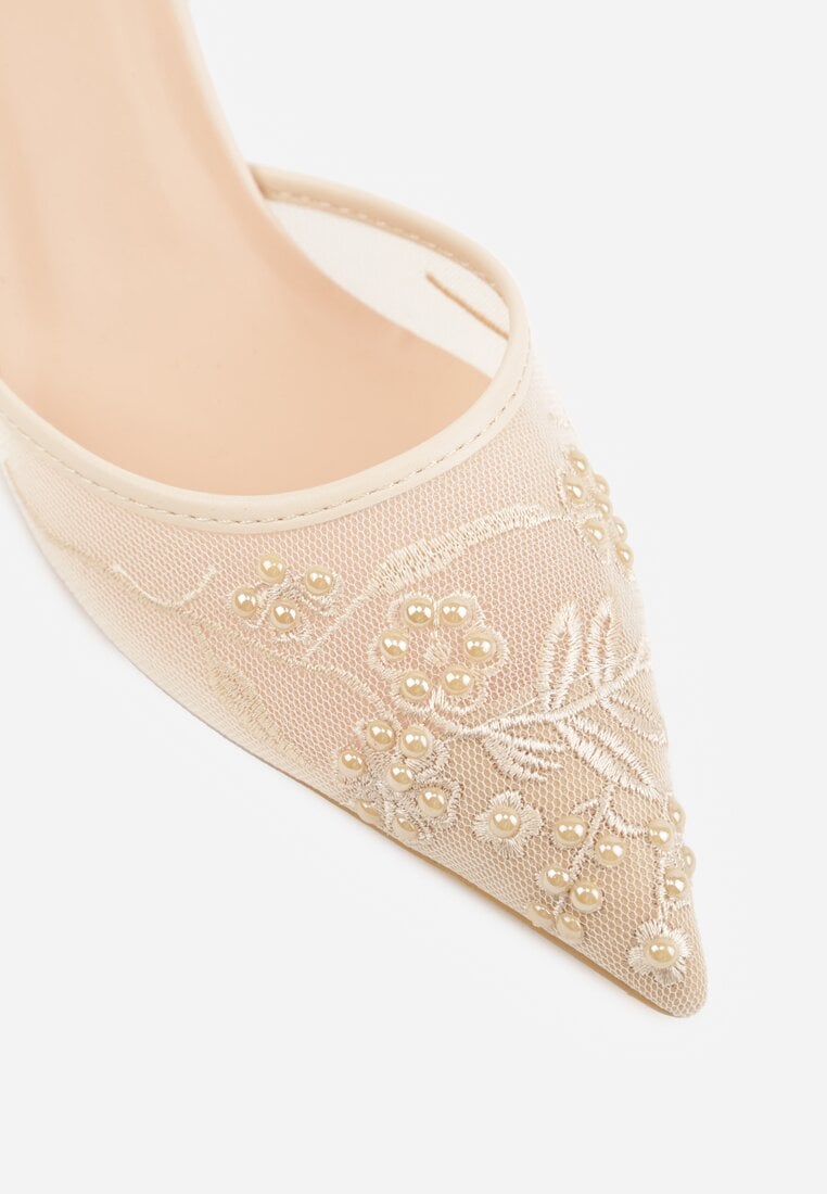 Beżowe Sandały na Szpilce z Koronką Caskstar