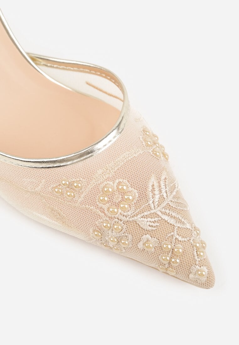 Złote Sandały na Szpilce z Koronką Caskstar