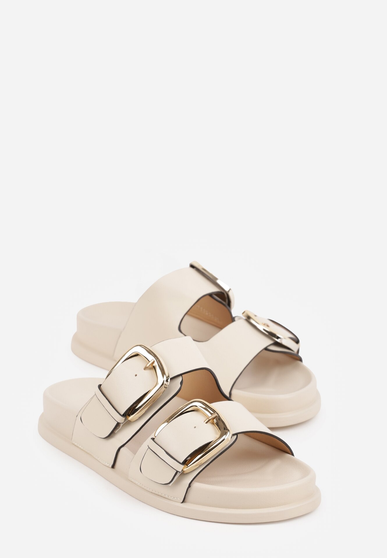 Beżowe Klapki Ozdobione Dwoma Paskami i Klamrami Jilryna