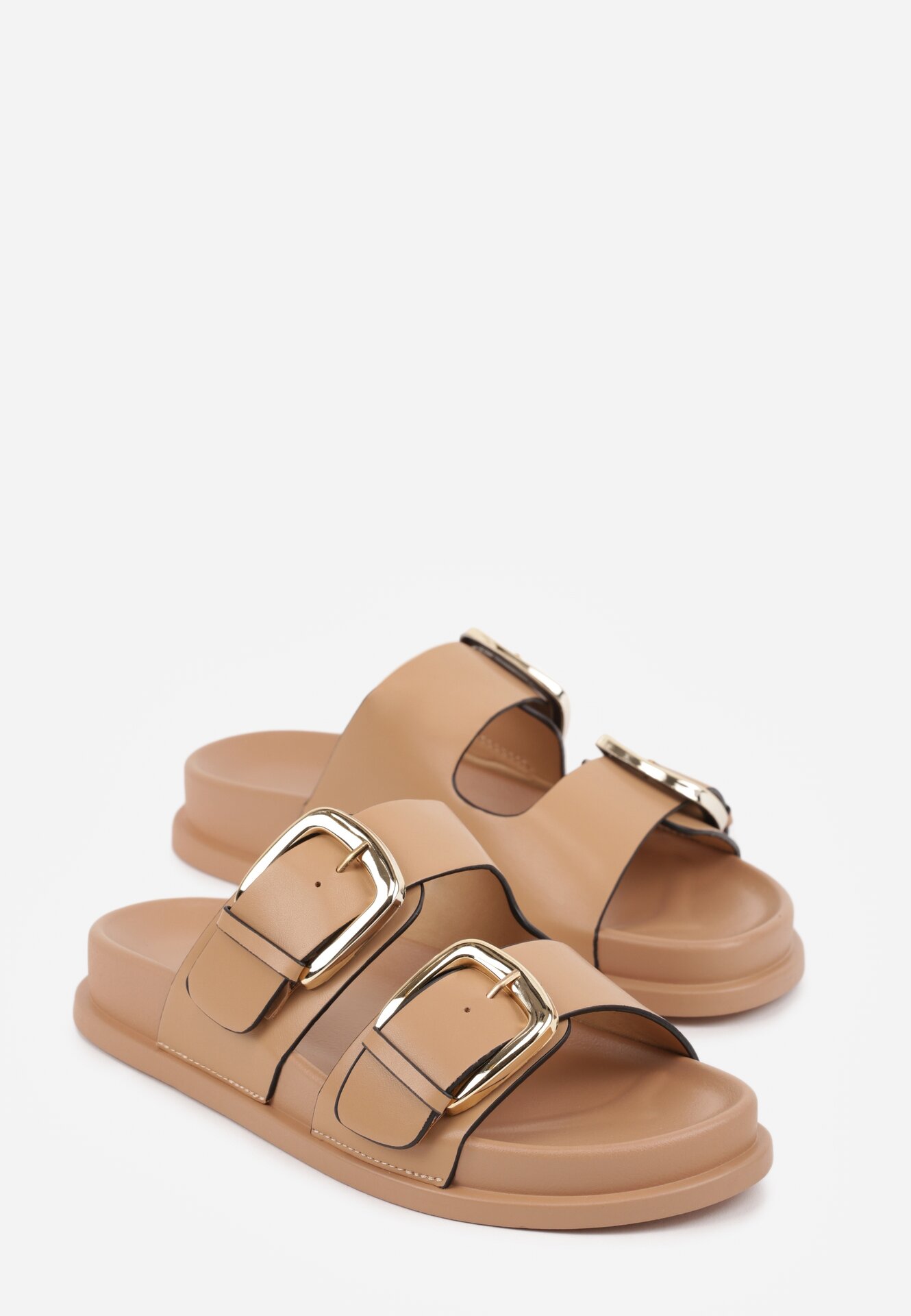 Ciemnobeżowe Klapki Ozdobione Dwoma Paskami i Klamrami Jilryna