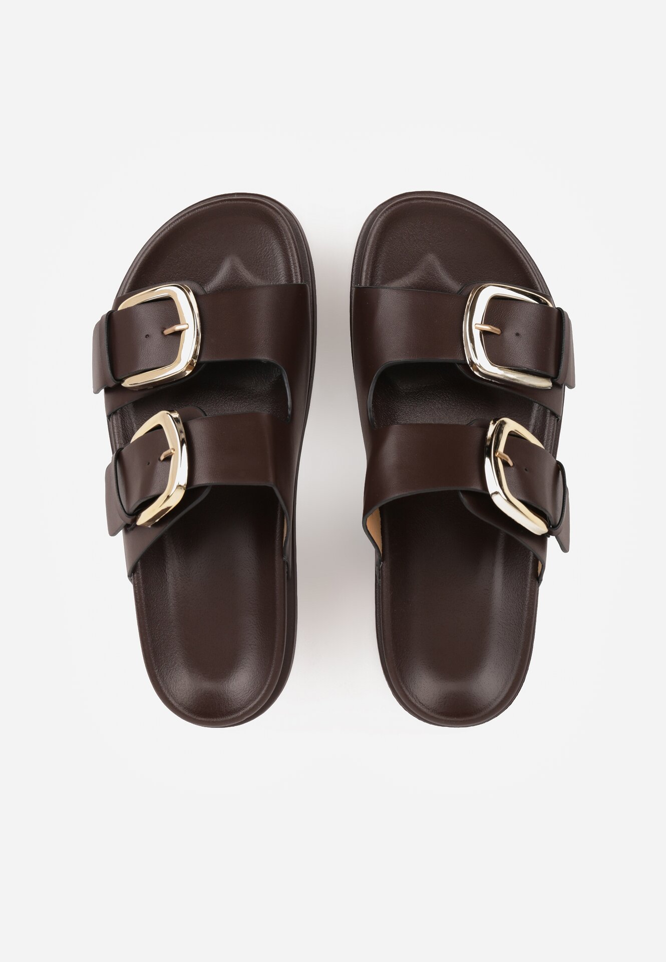 Ciemnobrązowe Klapki Ozdobione Dwoma Paskami i Klamrami Jilryna