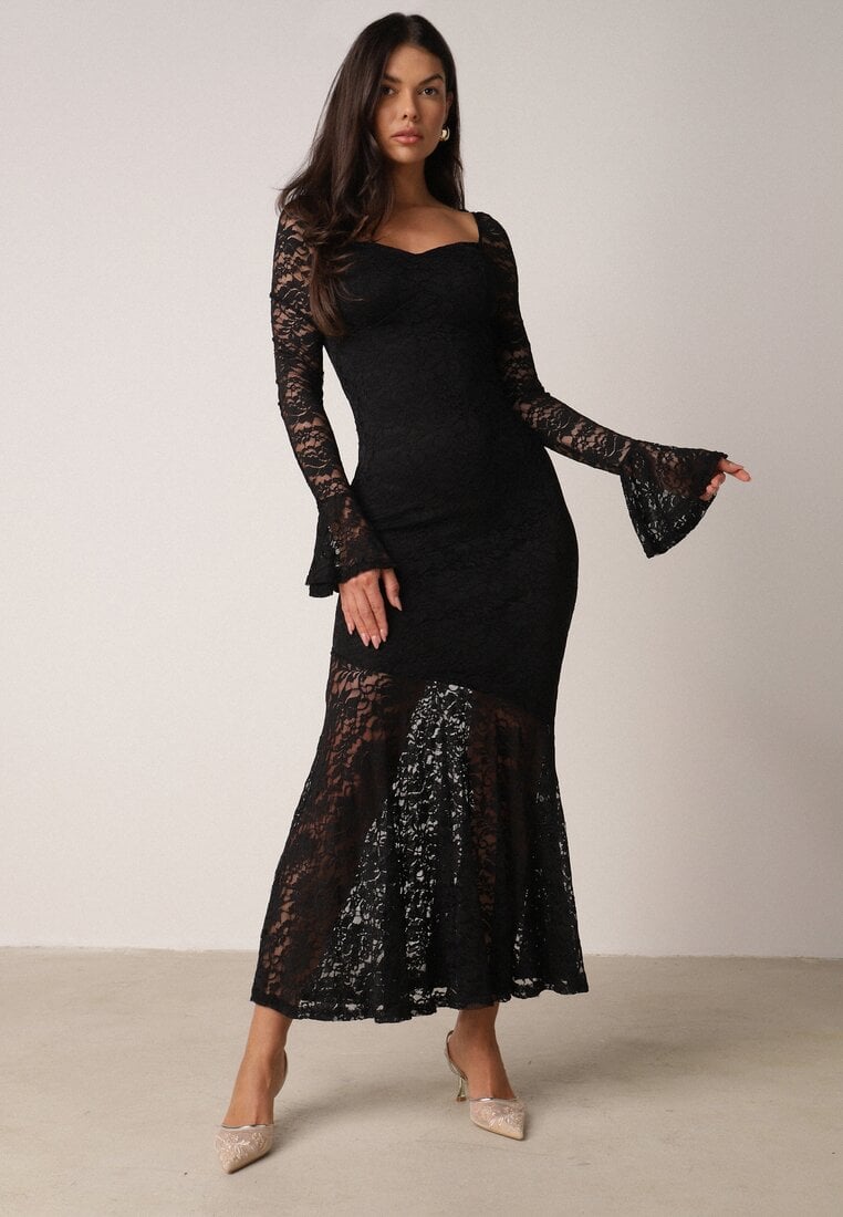 Czarna Koronkowa Sukienka VICES o Eleganckim Kroju z Wiązaniem na Plecach Irinlenne