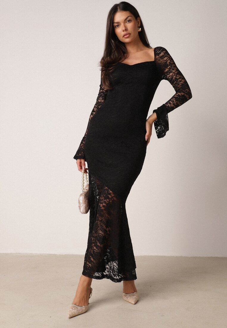 Czarna Koronkowa Sukienka VICES o Eleganckim Kroju z Wiązaniem na Plecach Irinlenne