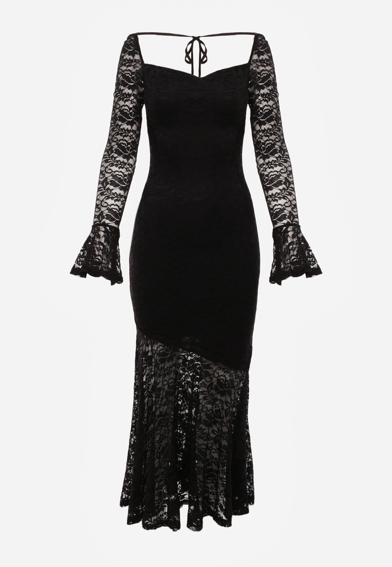 Czarna Koronkowa Sukienka VICES o Eleganckim Kroju z Wiązaniem na Plecach Irinlenne