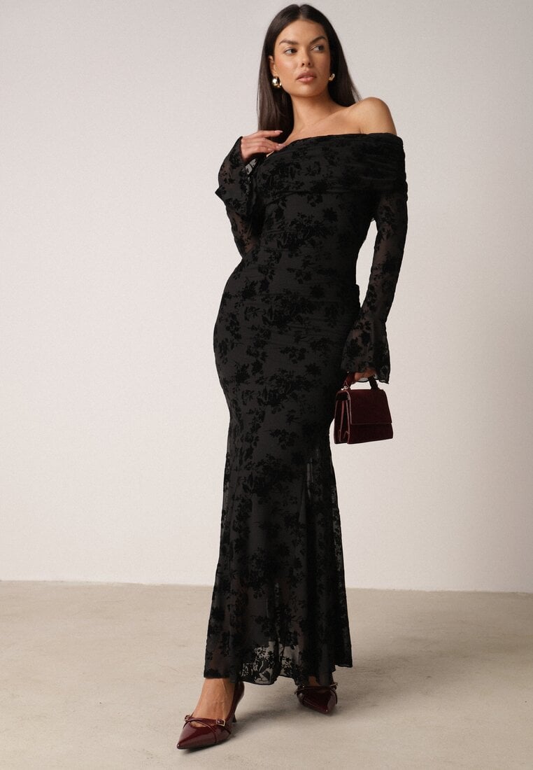 Czarna Koktajlowa Sukienka VICES z Odkrytymi Ramionami i Welurowym Wzorem Drensyss