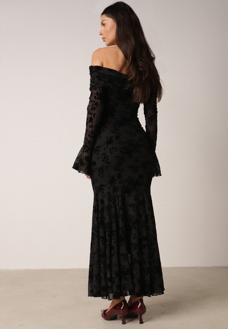 Czarna Koktajlowa Sukienka VICES z Odkrytymi Ramionami i Welurowym Wzorem Drensyss