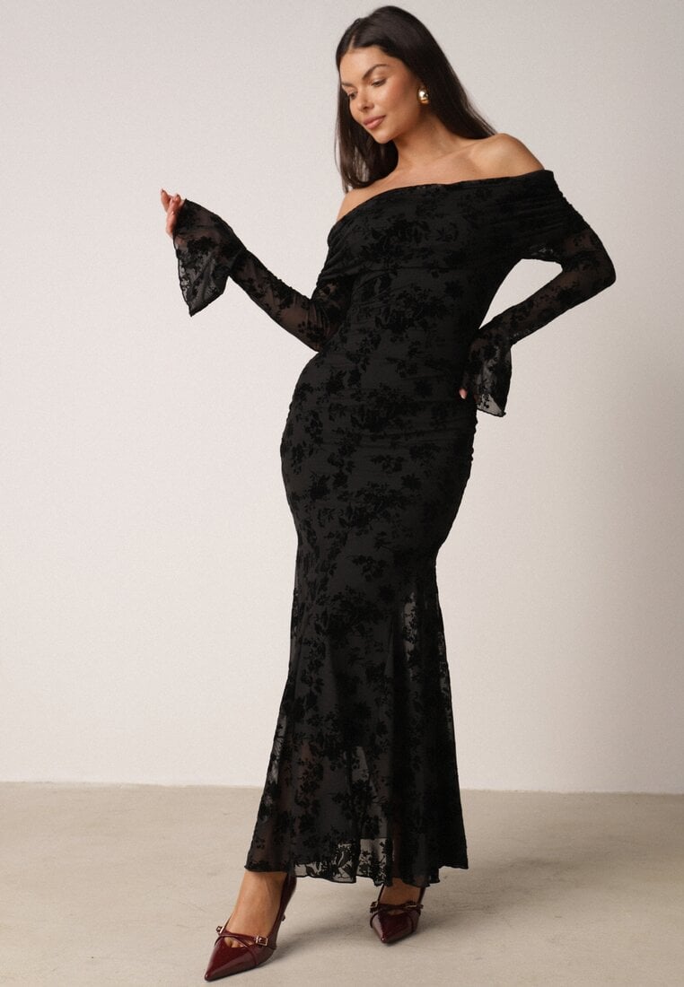 Czarna Koktajlowa Sukienka VICES z Odkrytymi Ramionami i Welurowym Wzorem Drensyss