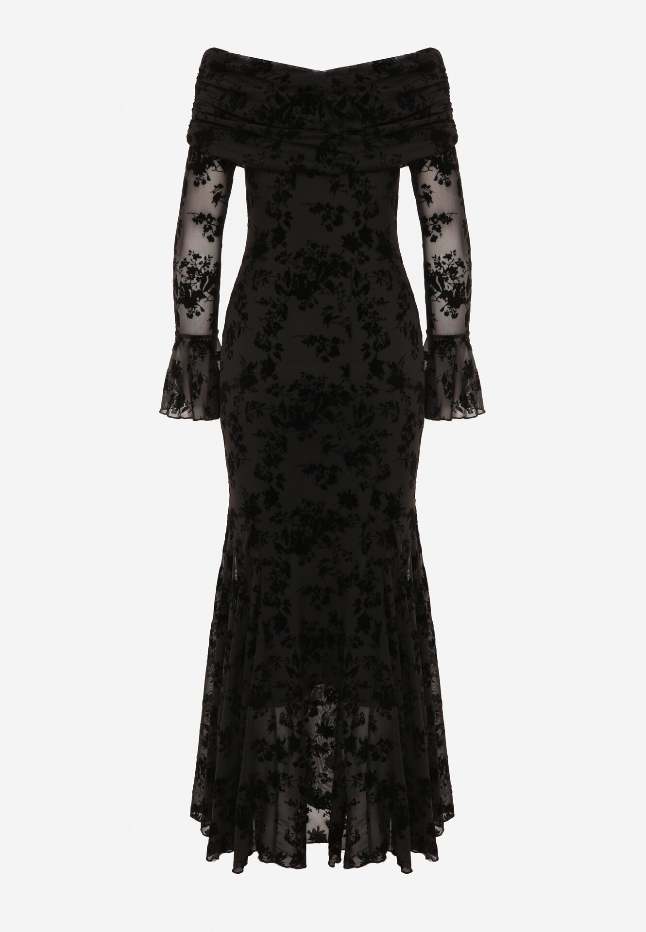 Czarna Koktajlowa Sukienka VICES z Odkrytymi Ramionami i Welurowym Wzorem Drensyss