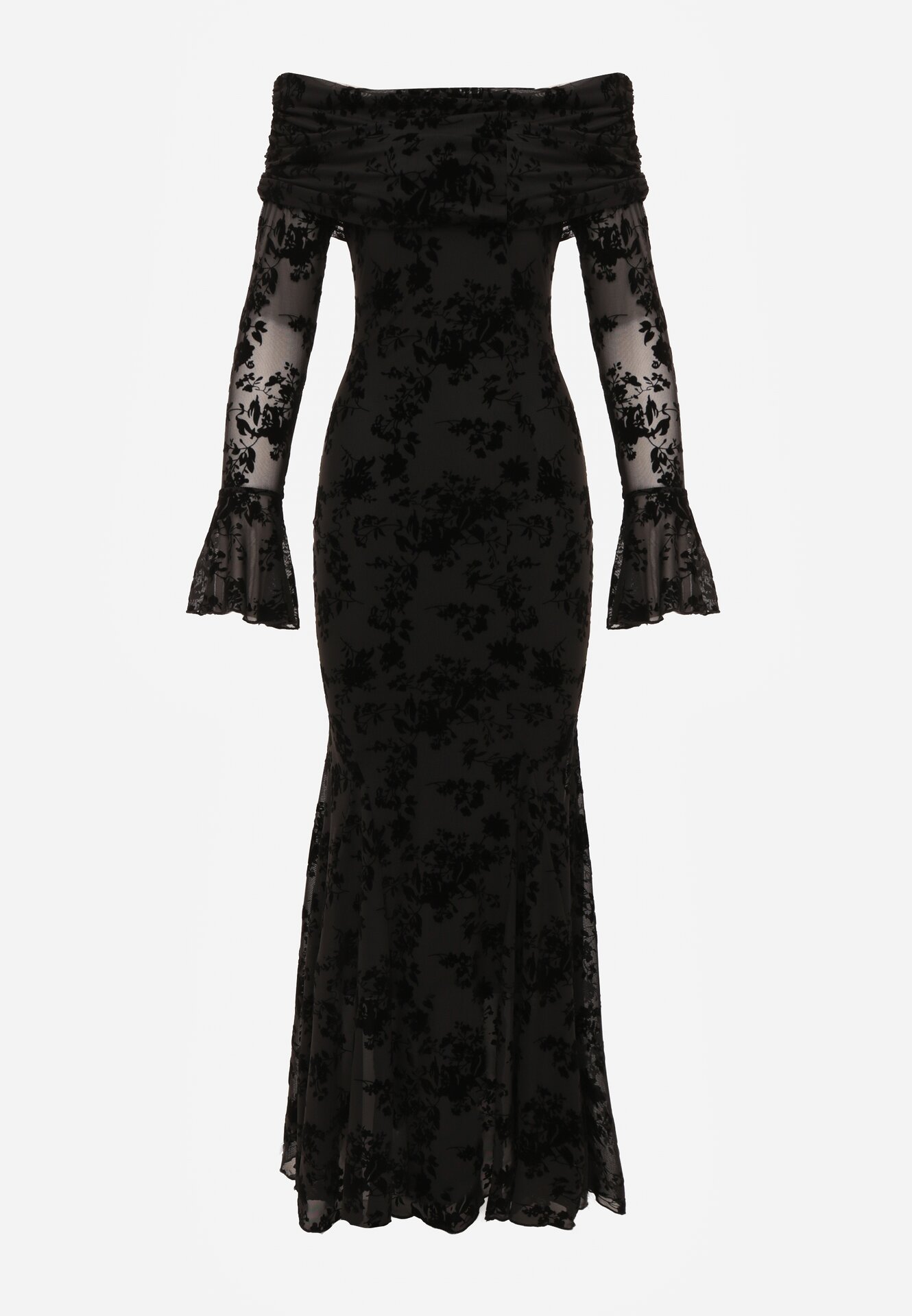 Czarna Koktajlowa Sukienka VICES z Odkrytymi Ramionami i Welurowym Wzorem Drensyss