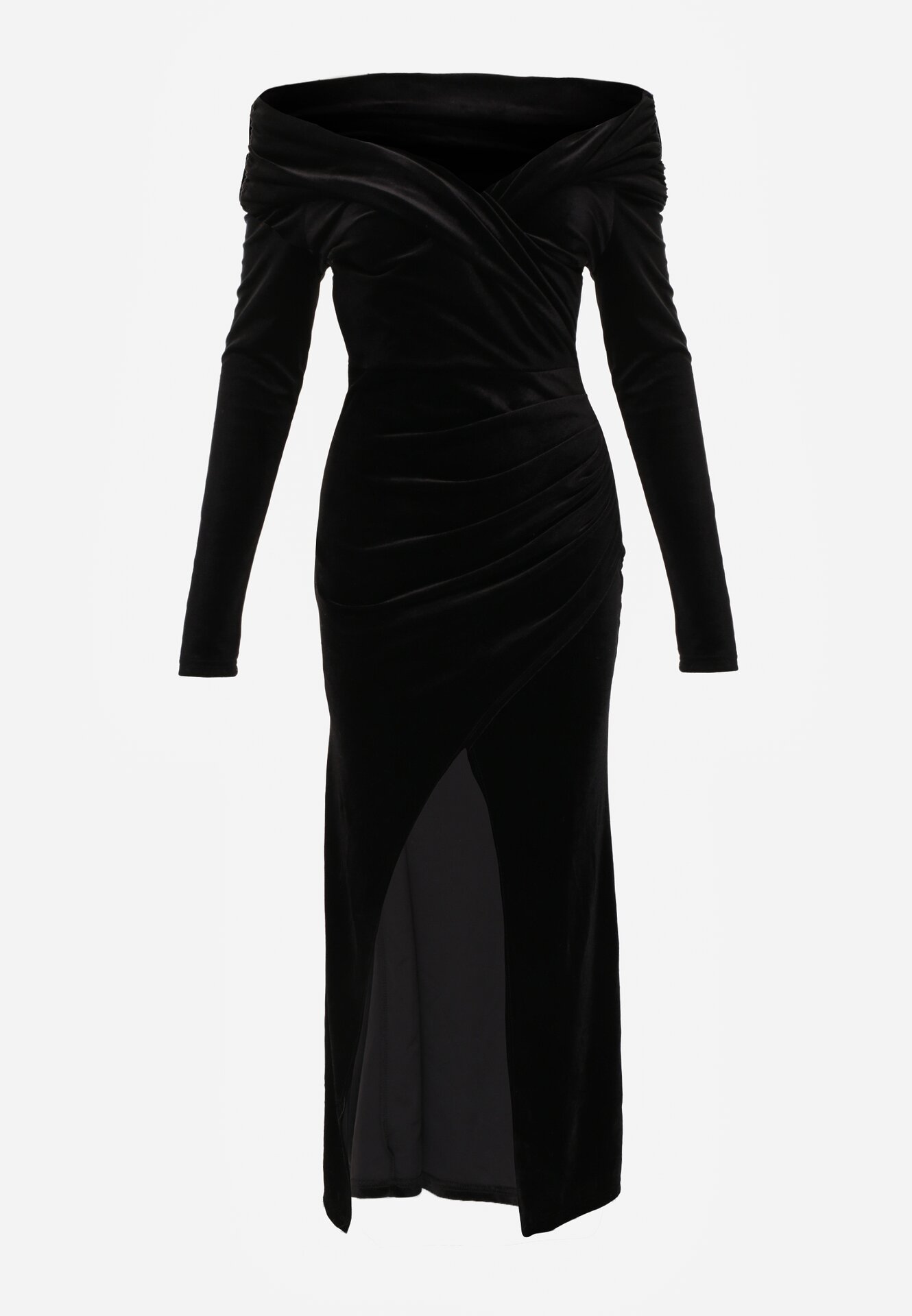 Czarna Welurowa Sukienka Wieczorowa VICES z Odkrytymi Ramionami Vheslith