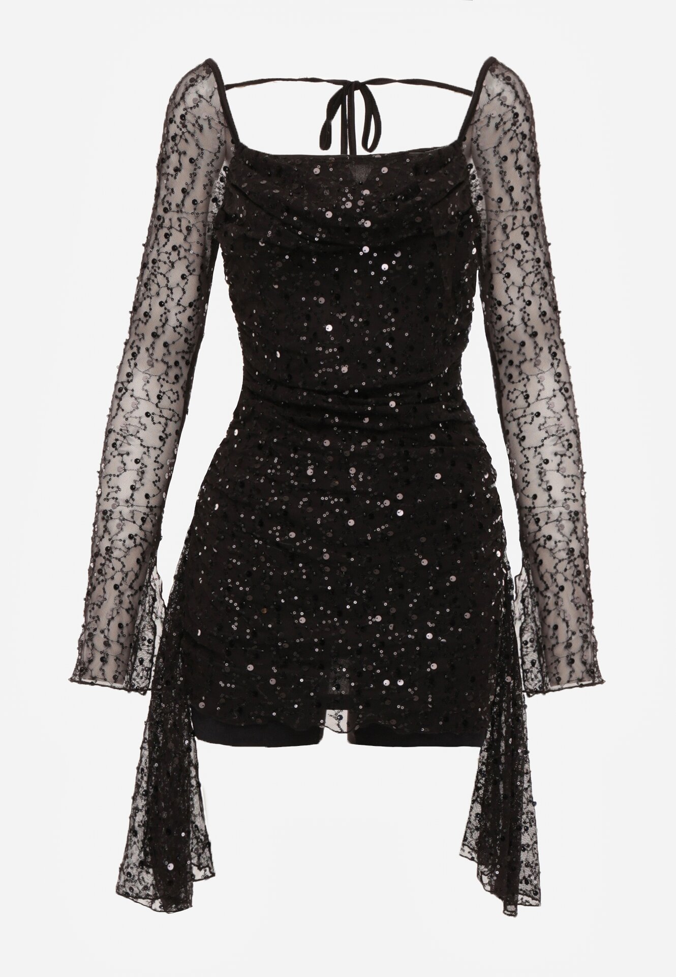 Czarna Cekinowa Sukienka VICES o Dopasowanym Kroju z Wiązaniem Adrasalphia