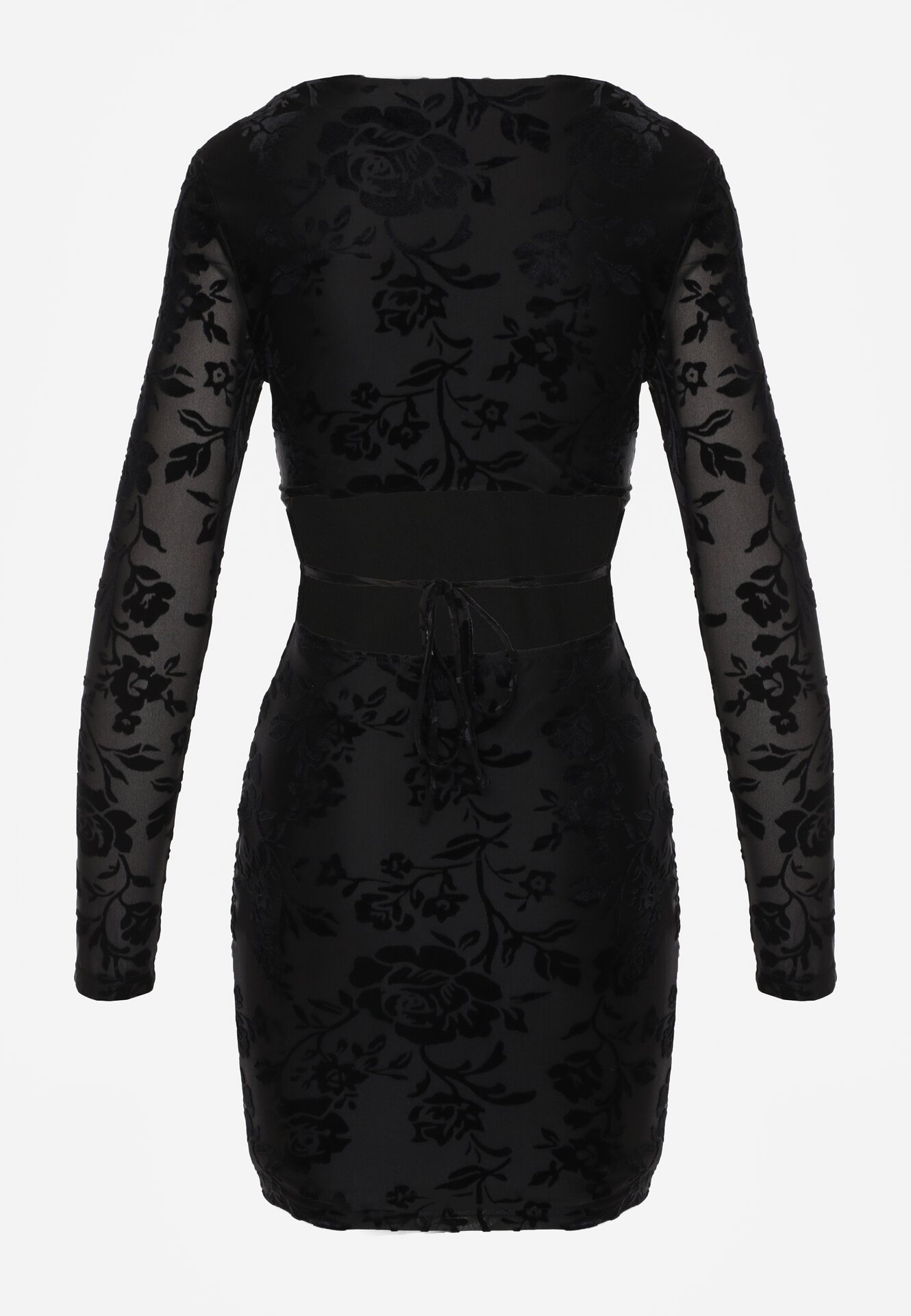 Czarna Dopasowana Sukienka VICES z Wiązaniem i Welurowym Wzorem Thessadenah